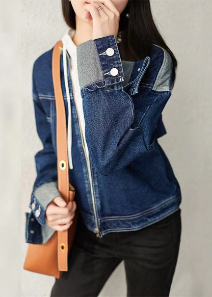 Denim Blue O-neck Zippered Patchwork Coat Long Sleeve
