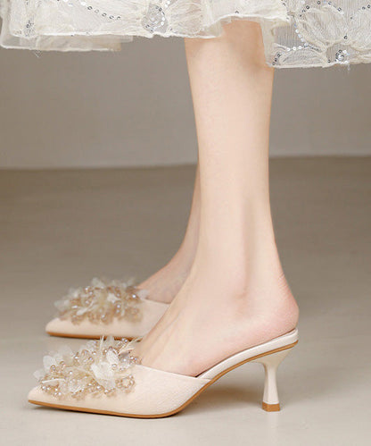 New French Apricot Satin Zircon High Heels Slide Sandals