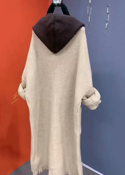 Beige Tasseled Patchwork Knit Hooded Coat Fall