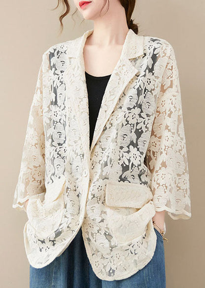 White Vacation Lace Coats Pocket Hollow Out Long Sleeve