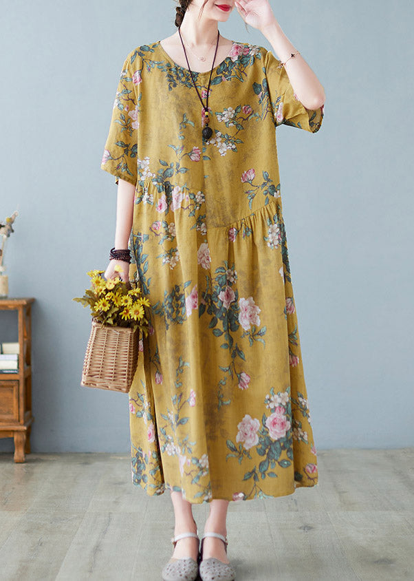 Yellow O-neck Print Maxi Dress Summer