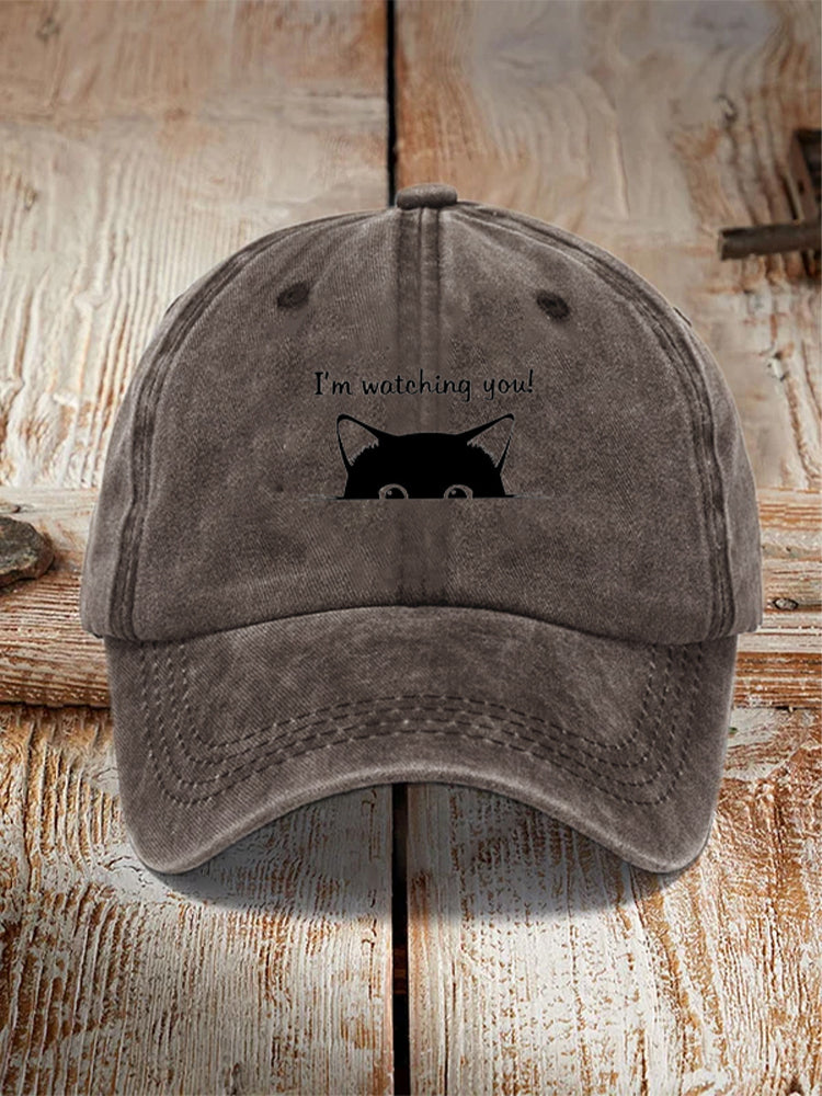 I'm Watching You! Black Cat Print Washed Hat elevenforest