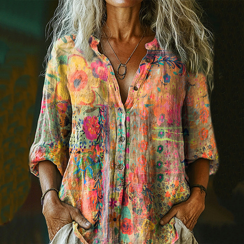 Women's Vintage Watercolor Flower Collage Art Print Casual Cotton And Linen Shirt artswardrobe