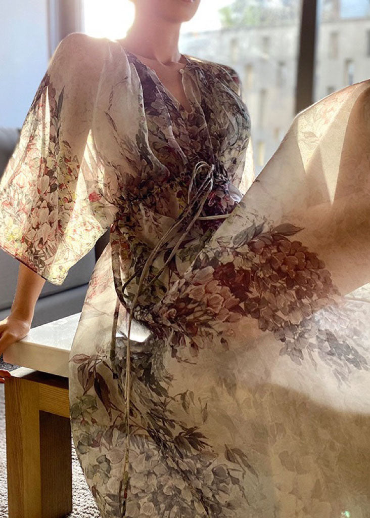 V Neck Print Drawstring Chiffon Maxi Dresses Half Sleeve Summer