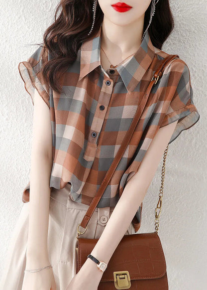 Peter Pan Collar Plaid Chiffon Shirts Short Sleeve