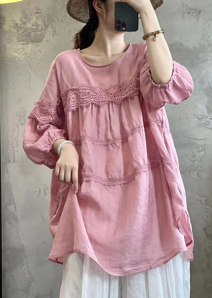 Simple Pink Lace Up Cotton T Shirt Long Sleeve