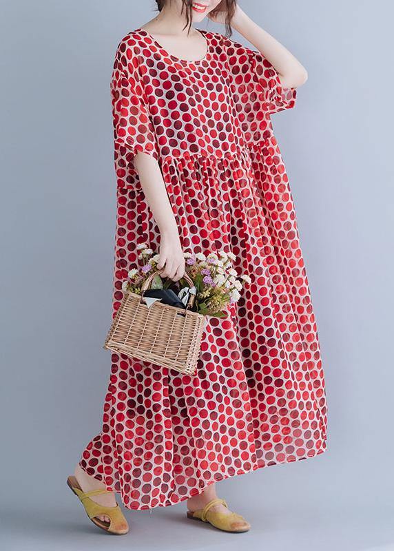 Red Dotted O Neck Cinched Long Summer Dresses