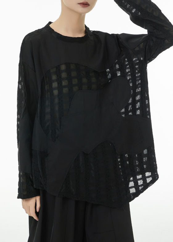 Black Asymmetrical Patchwork Cotton Top Spring
