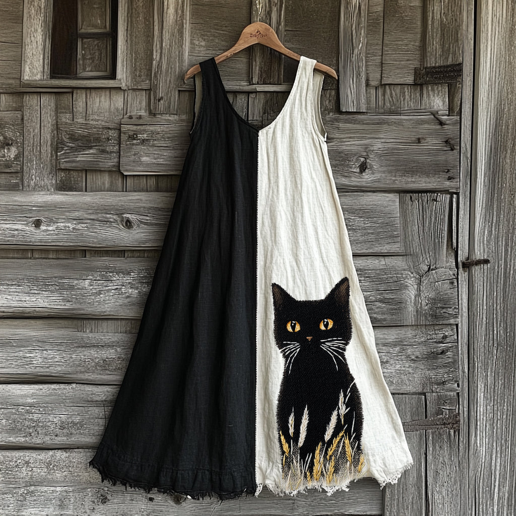 Comstylish Cute Black Cat Contrasting Colors Linen Contrast Color Tank Dress