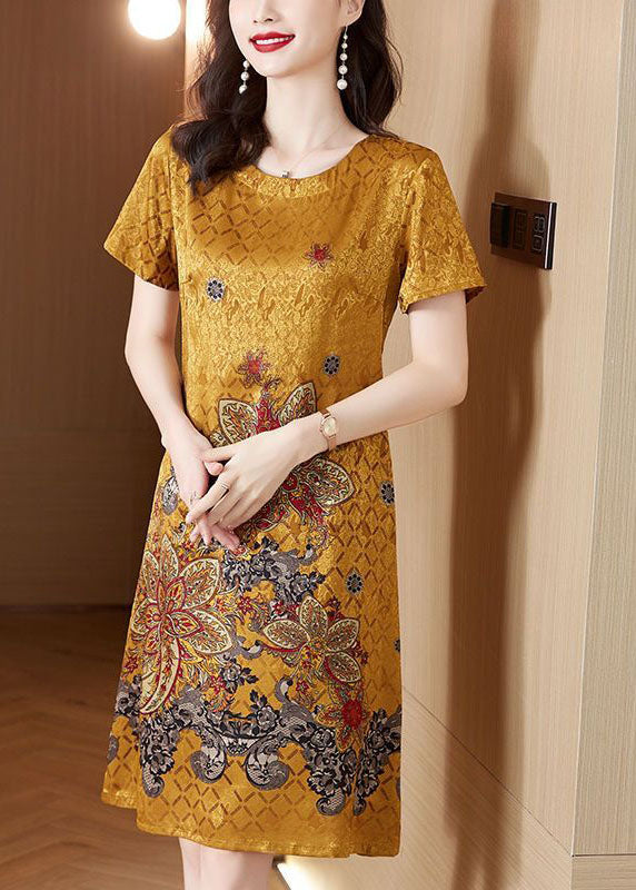 Yellow O-neck Print Silk Robe Dresses Summer