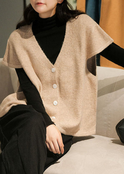 Simple Beige V Neck Button Knitted Blend Waistcoat Short Sleeve