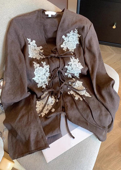 Coffee Lace Embroidered Lace Up Cotton Blouses Fall