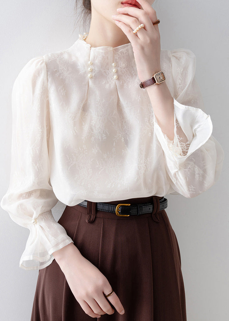 Fitted White Jacquard Nail Bead Chiffon Top Spring