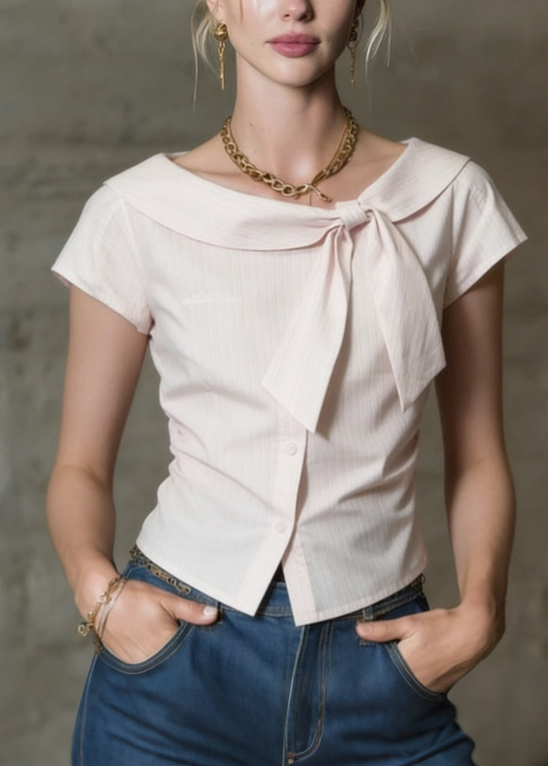French Pink O Neck Bow Button Cotton Tops Summer