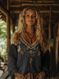 Retro Boho Tribal Art Embroidery Print Cotton And Linen V-neck Loose Shirt artswardrobe