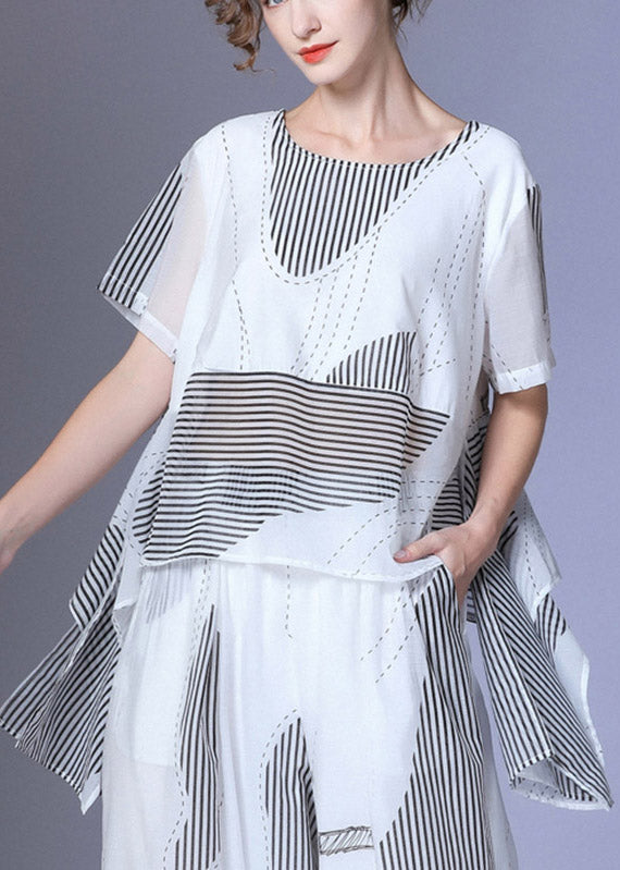 White O-neck Asymmetrical Silk T Shirt Summer