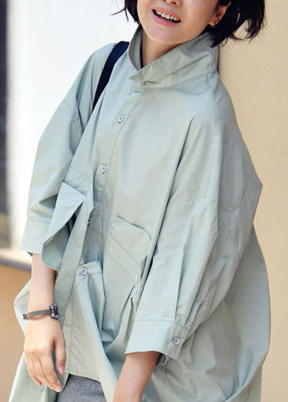 Cyan Green Colour Peter Pan Collar Button Pockets Cotton Shirt Long Sleeve