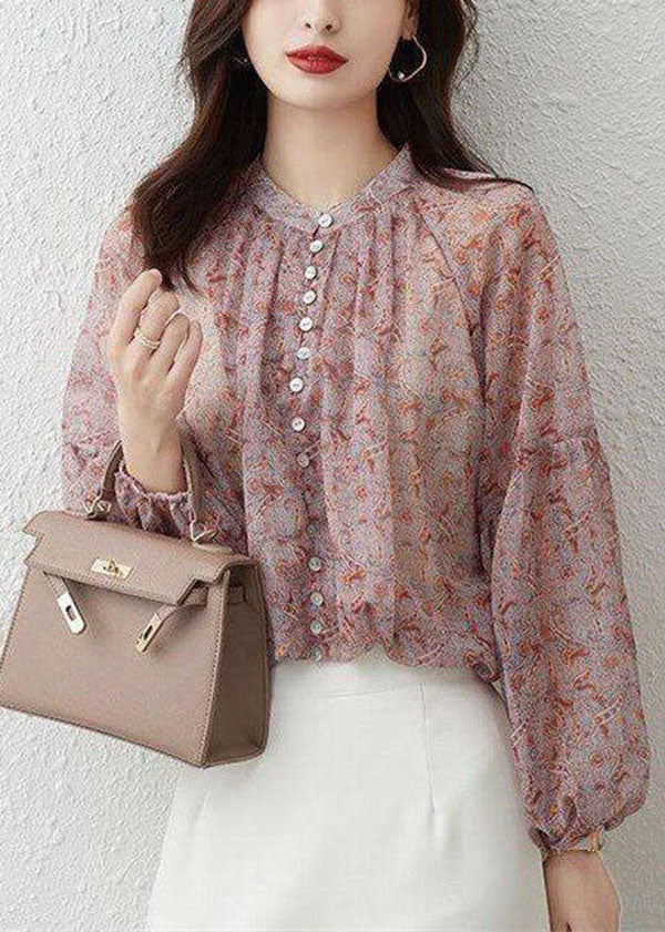 Pink Stand Collar Print Chiffon Shirt Top Lantern Sleeve