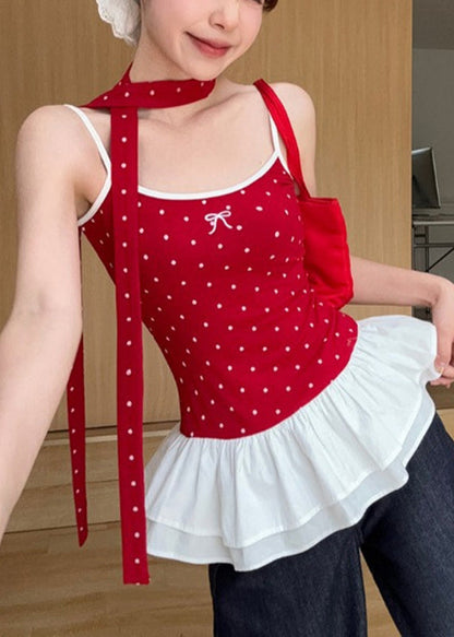 Red Dot Ruffled Patchwork Wrinkled Tank Summer