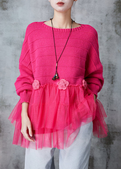 Fine Rose Patchwork Tulle Knit Sweater Tops Spring
