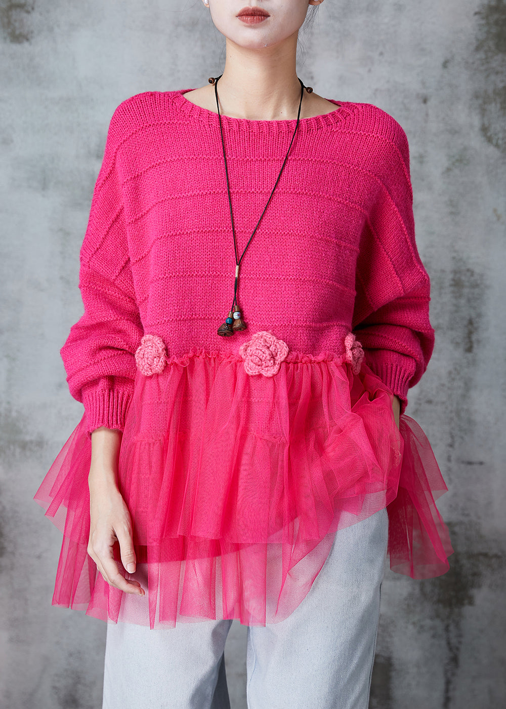 Fine Rose Patchwork Tulle Knit Sweater Tops Spring