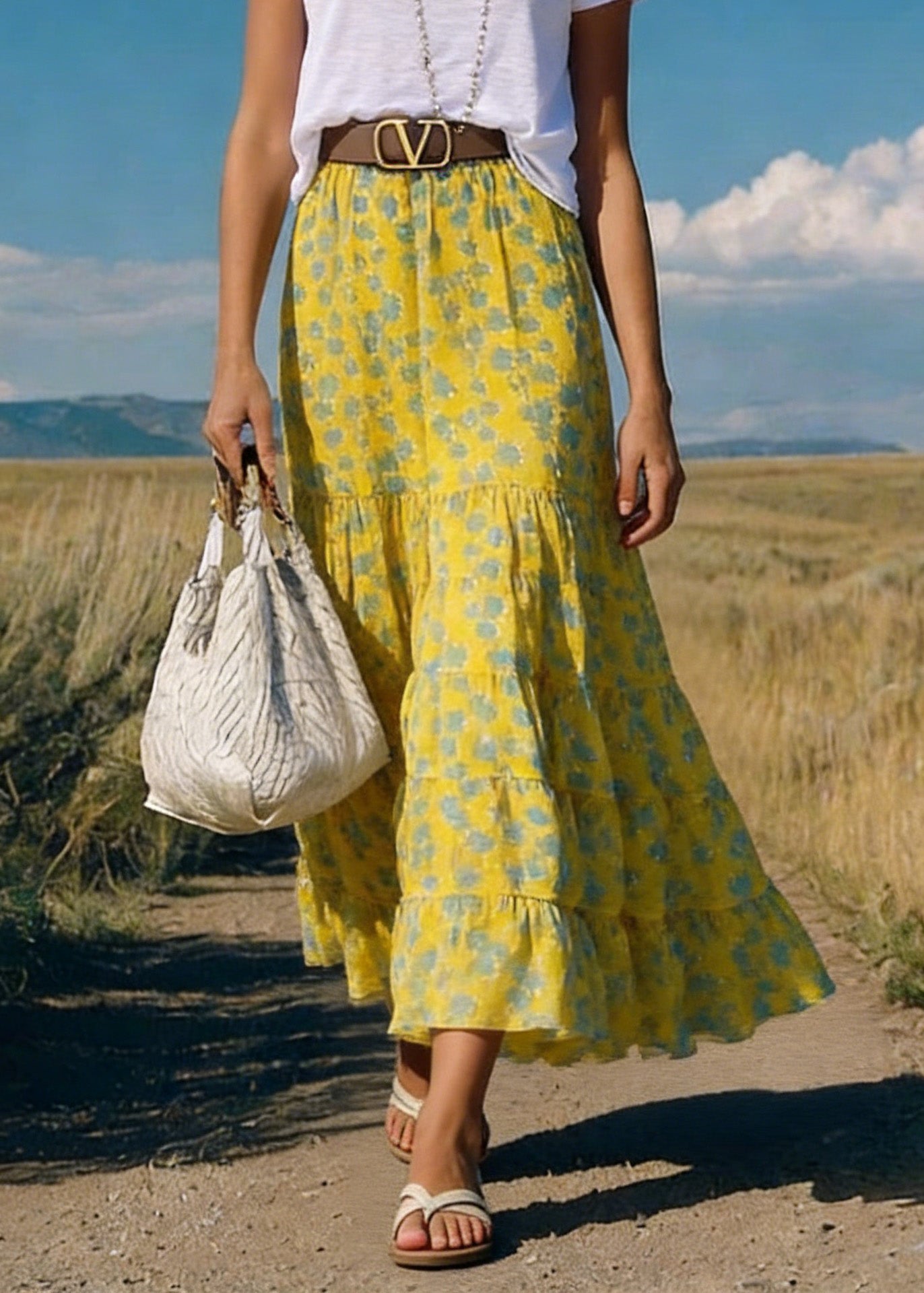 Yellow Print Wrinkled Chiffon Skirts Summer