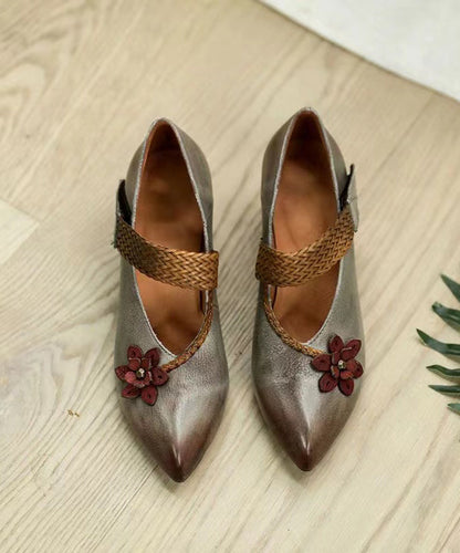Fine Splicing Buckle Strap Chunky High Heels Grey Cowhide Leather