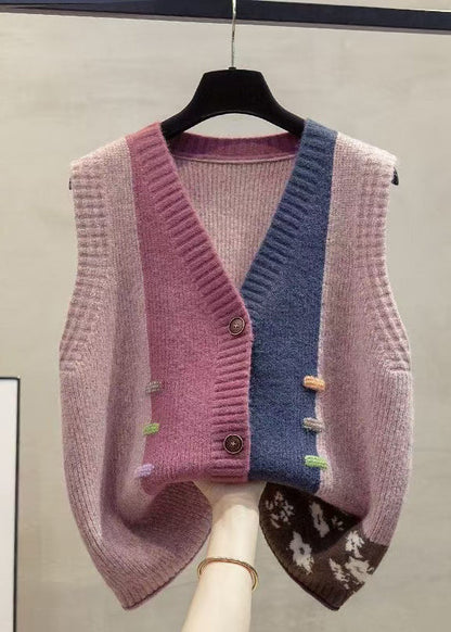 Colorblock V Neck Patchwork Knit Vests Spring