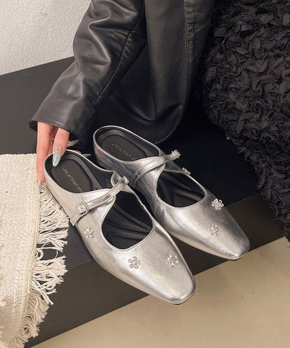 Splicing Silver Faux Leather Slide Sandals Zircon