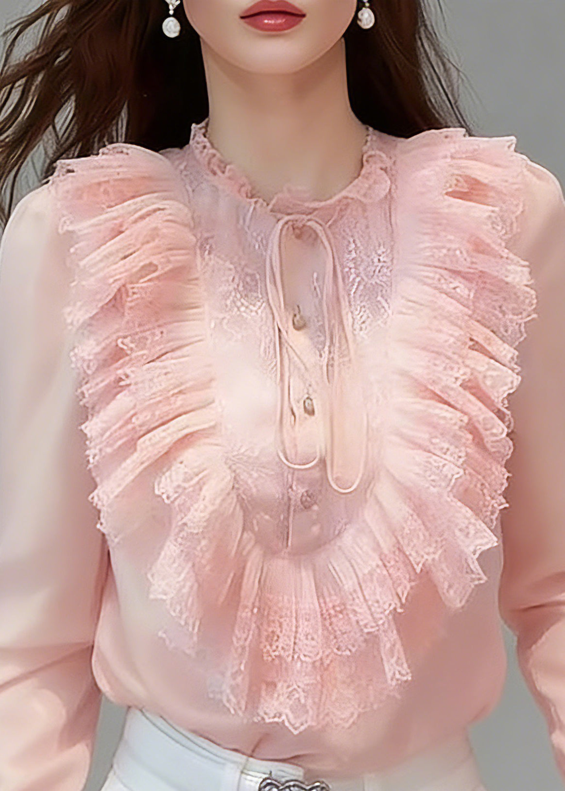 Pink Ruffled Patchwork Button Silk Shirts Flare Sleeve