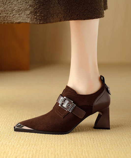 Splicing Chunky High Heels Brown Suede Pointed Toe