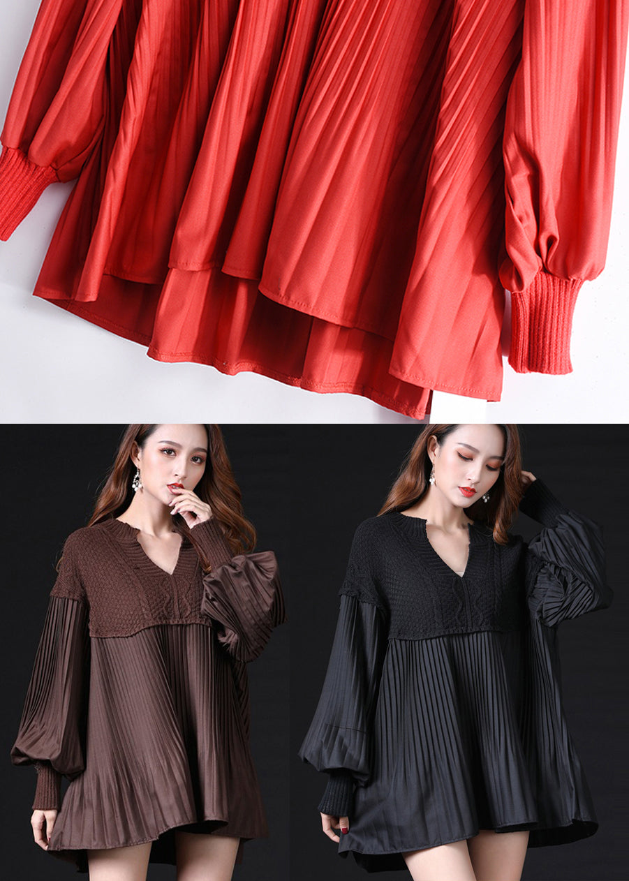 Black Patchwork Wrinkled Loose Knitted Tops Long Sleeve