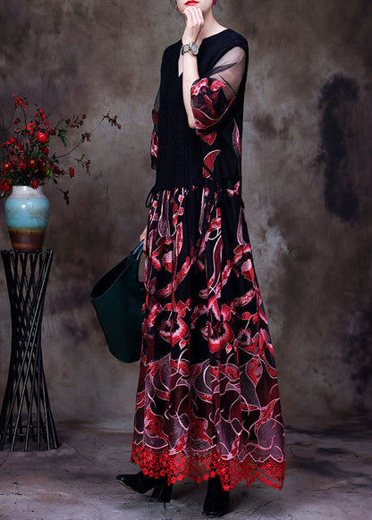 Red Lace Knit Dresses Embroideried Spring