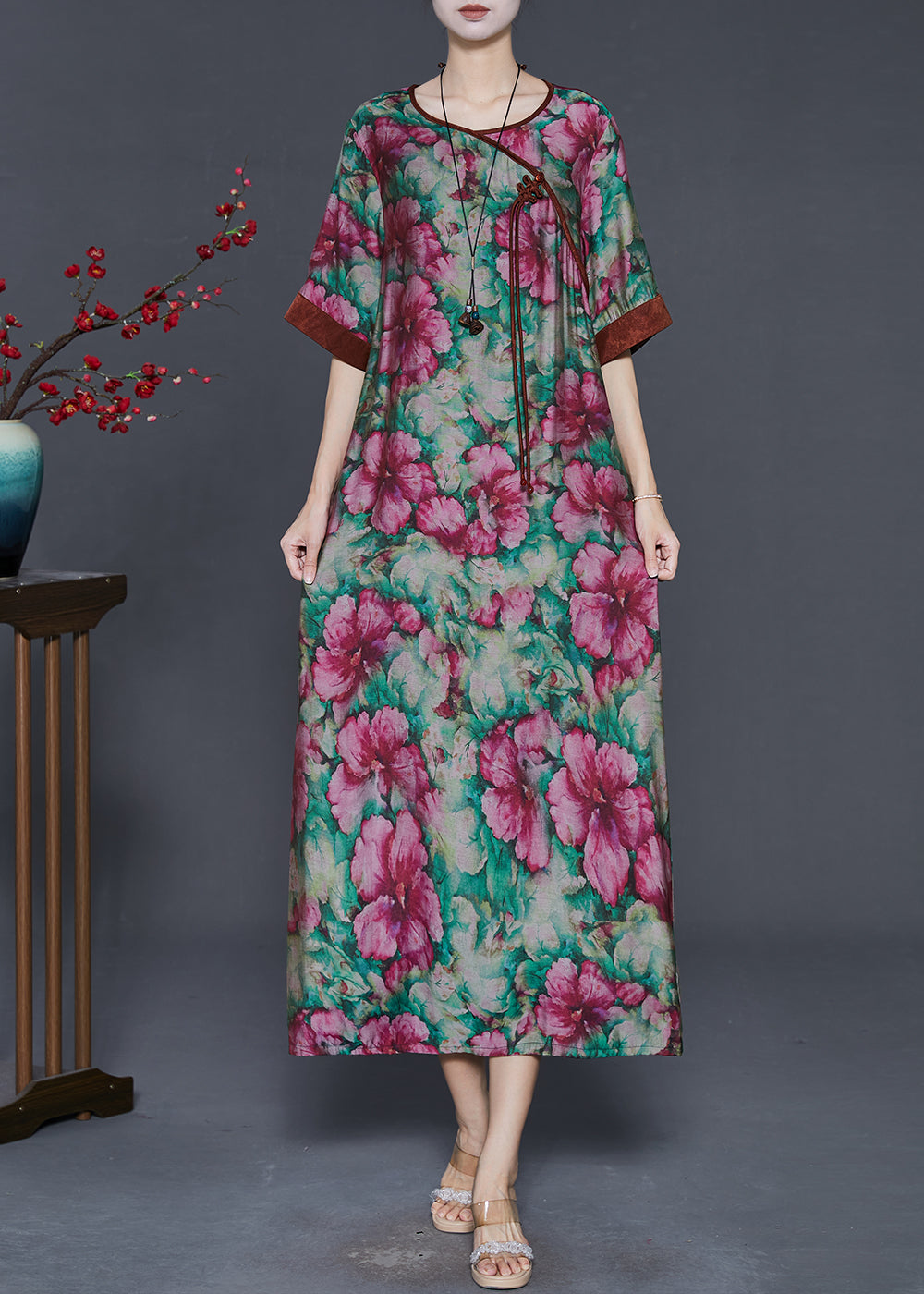 Tasseled Flower Print Linen Long Dress Summer