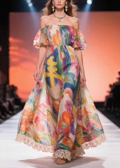 Print Chiffon Long Dress Cold Shoulder Summer