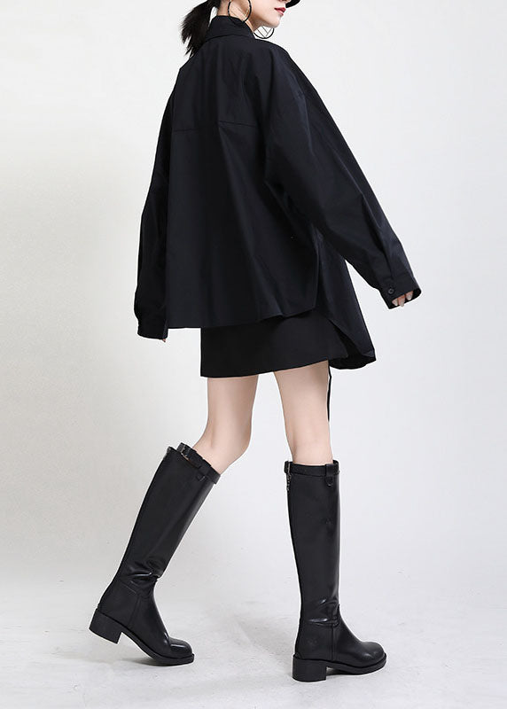 Black Peter Pan Collar Button Asymmetrical Design Drawstring Fall Shirts Long Sleeve