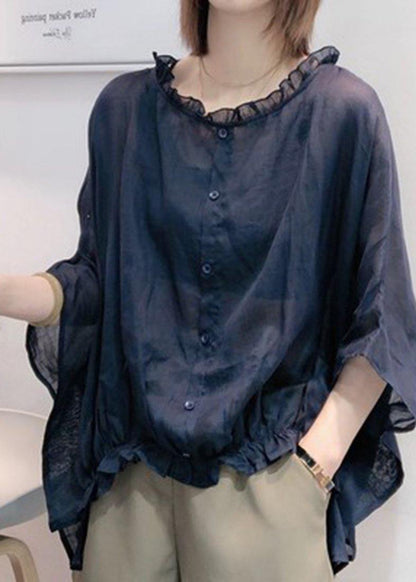 Art Navy Tops Ruffles Trim Half Sleeve Shirts Blouse