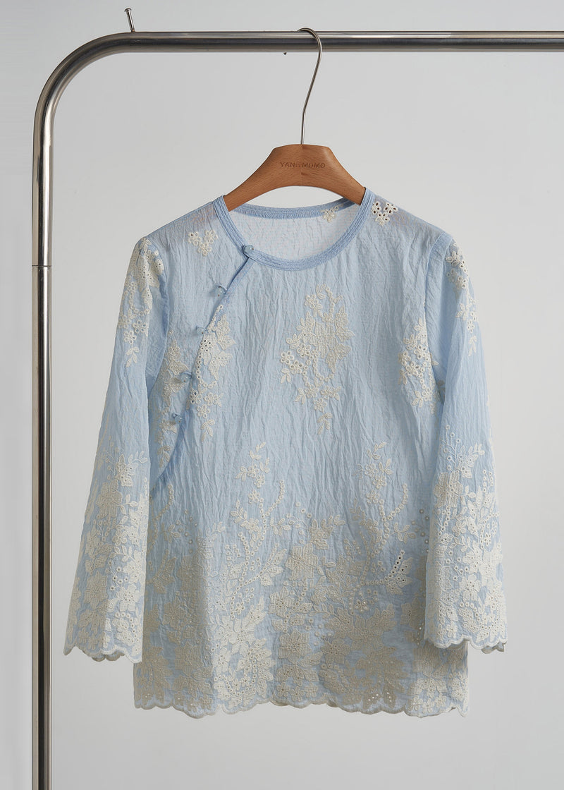 Sky Blue Embroidered Cotton Tops Fall