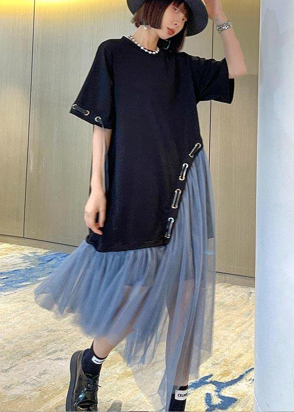 Style Black Patchwork Tulle Maxi Summer Cotton Dress