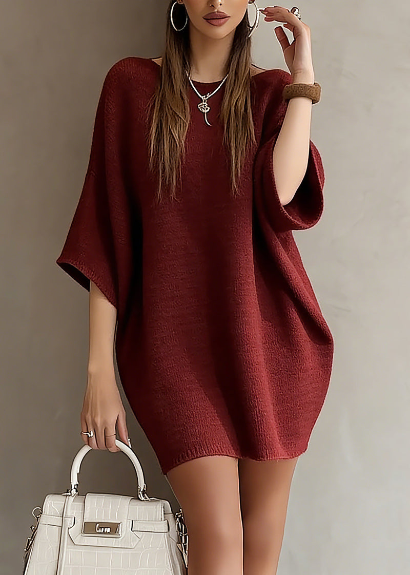Red Slash Neck Knit Sweater Dress Batwing Sleeve Spring