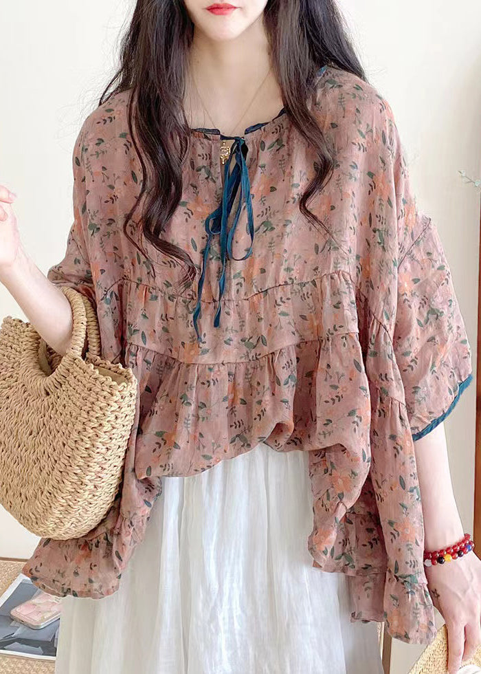 Organic Pink Ruffled Print Lace Up Cotton Shirts Half Sleeve Summer