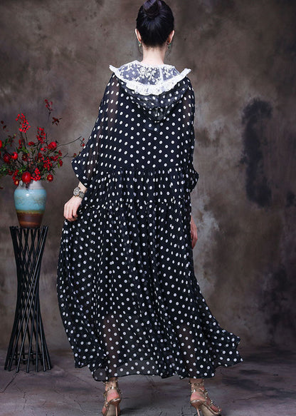 Simple Black Hooded Patchwork Lace Dot Print Silk Long Dress Two Piece Set Clothing Summer