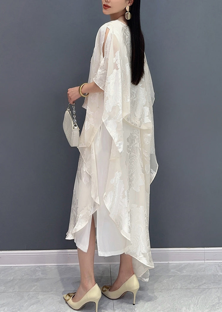 Jacquard White O-neck Silk Long Dress Summer