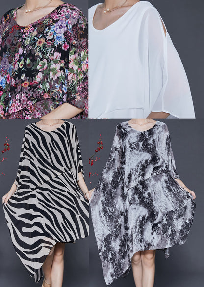 Black Print Chiffon Dress Asymmetrical Design Summer