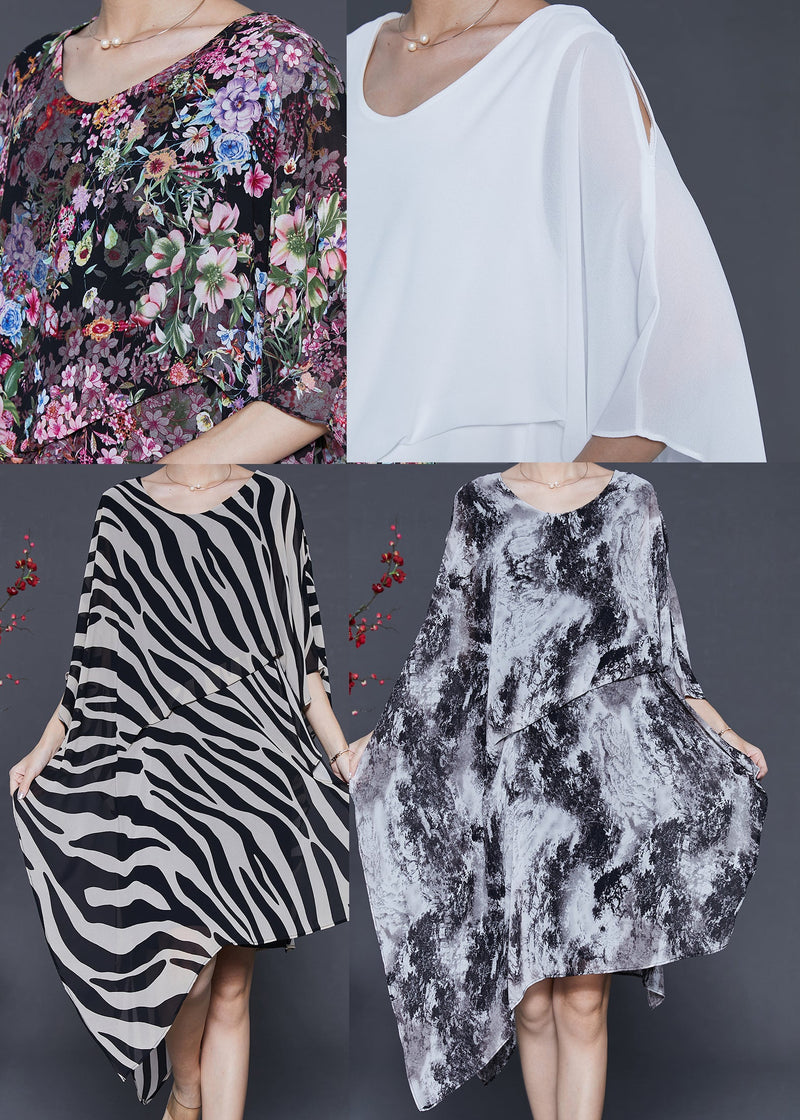 Black Print Chiffon Dress Asymmetrical Design Summer