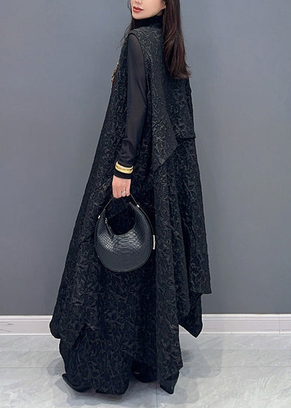Jacquard Black Asymmetrical Patchwork Waistcoat and Pants Cotton Two Pieces Set Sleeveless