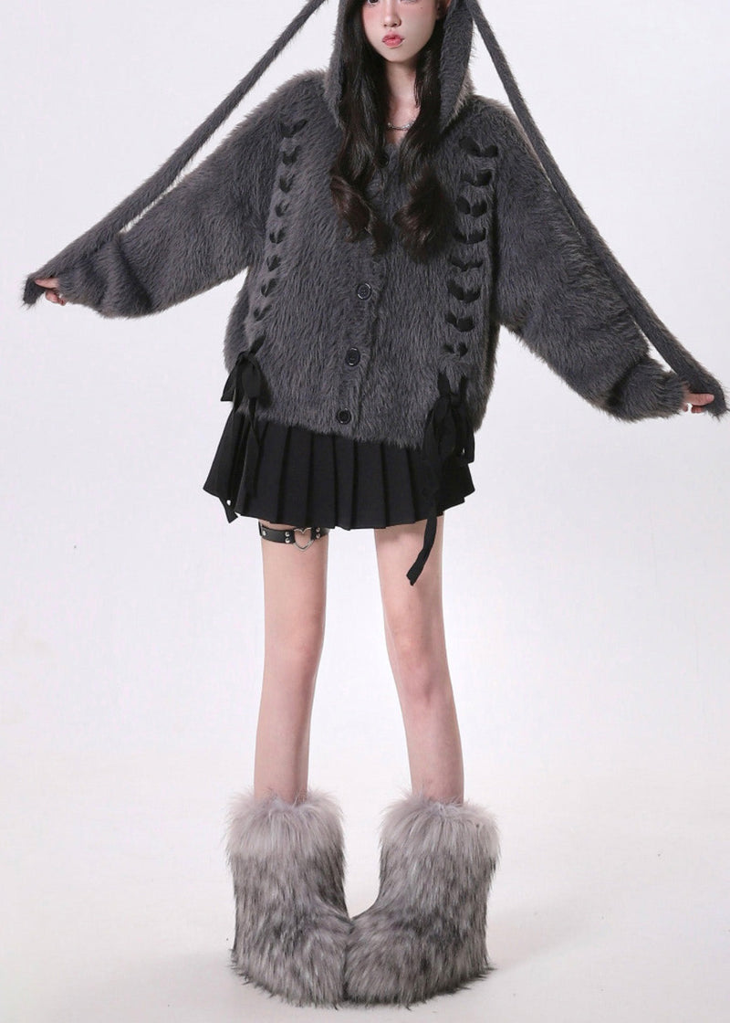 Dark Grey Oversized Bow Knit Rabbit Ears Hoodies Outwear Spring