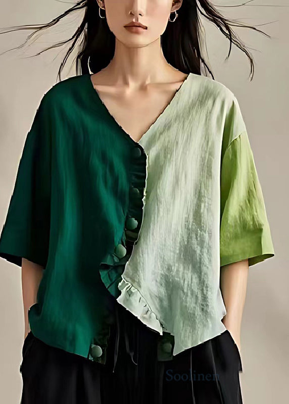 Colorblock Ruffled Asymmetrical Design Linen Top Summer