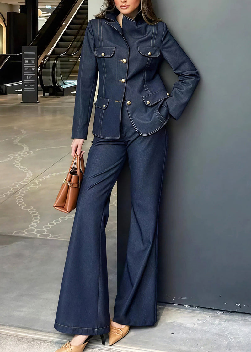 American Style Blue Coat and Pants Denim Two Pieces Set Fall