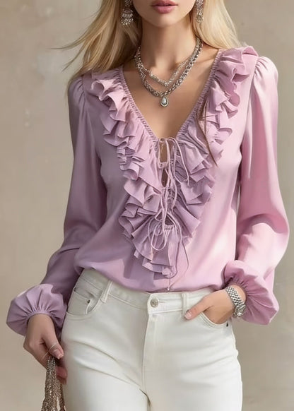 Purple Ruffled Lace Up Chiffon Blouses V Neck Lantern Sleeve Spring